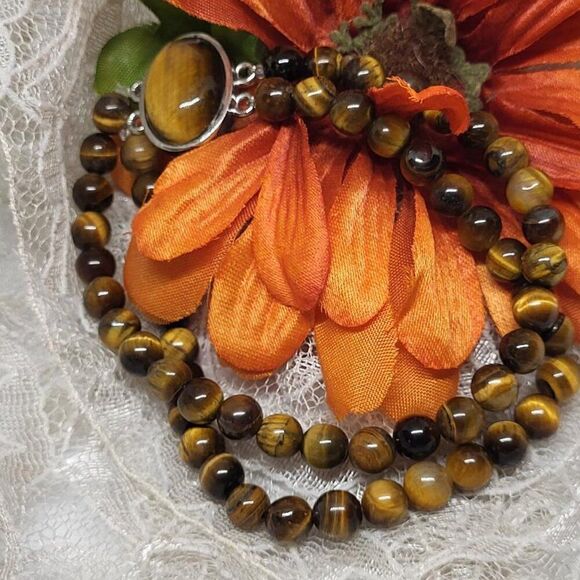 New, Stamped, Tiger's Eye Double Row Beaded Stretch Bracelet in Stainless Steel - Picture 9 of 9
